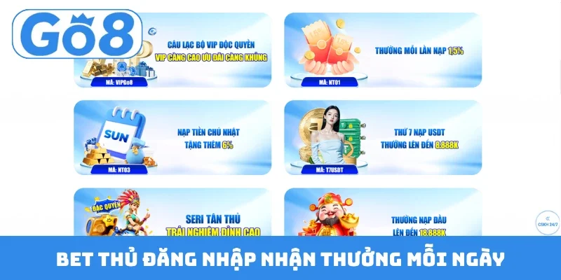 Bet thủ đăng nhập nhận thưởng mỗi ngày